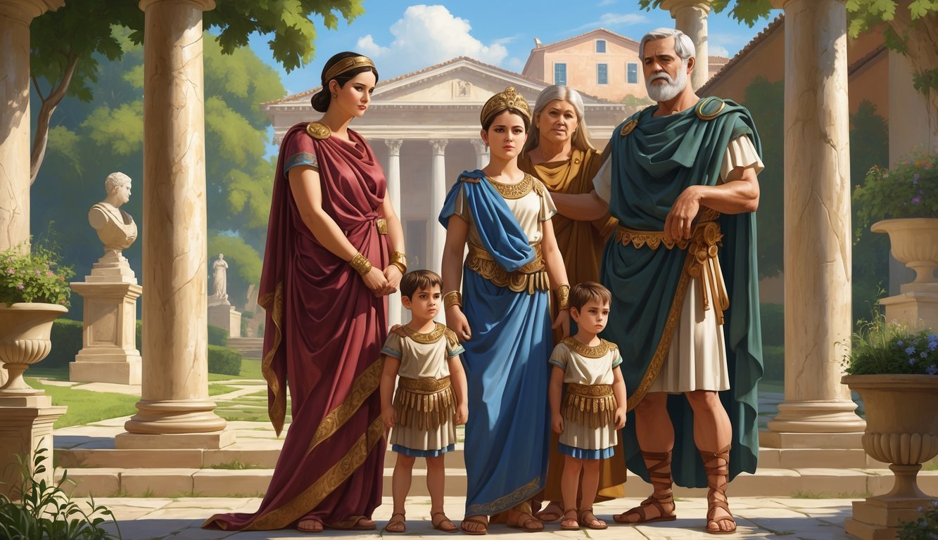 A young Nero stands with his family in a Roman villa courtyard surrounded by classical architecture and gardens.