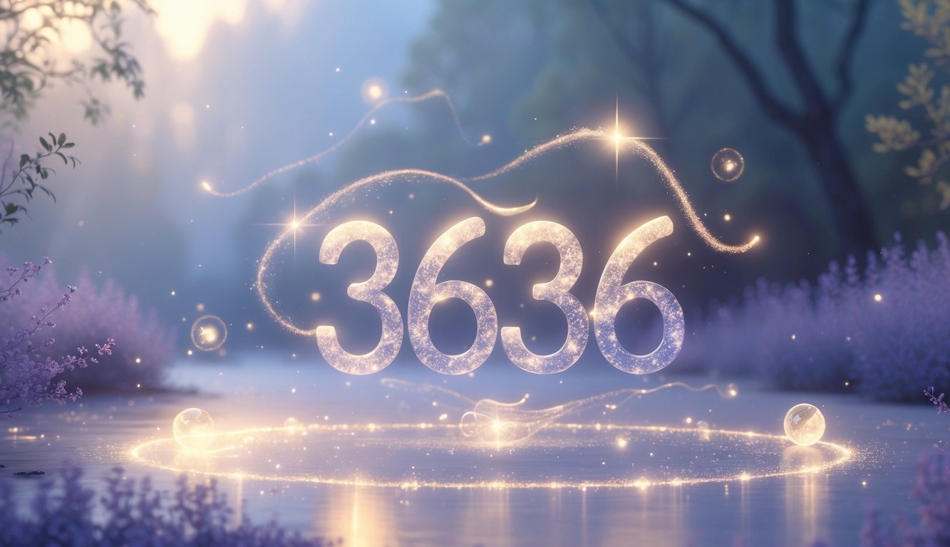 A glowing number 3636 made of light particles floats above a peaceful natural background with soft colors, surrounded by radiant energy waves and gentle light orbs.