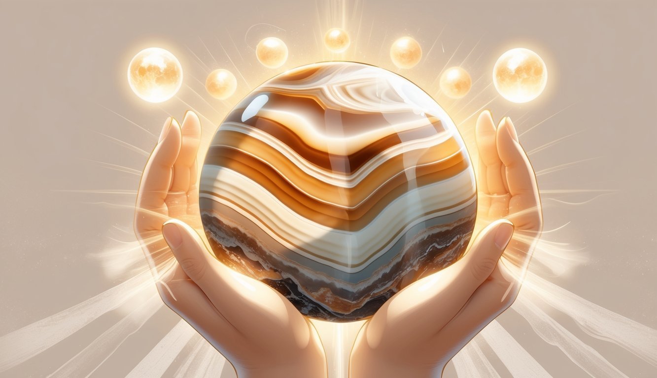A polished banded agate stone with layered bands surrounded by glowing orbs and gentle hands, symbolizing healing, protection, and spiritual balance.