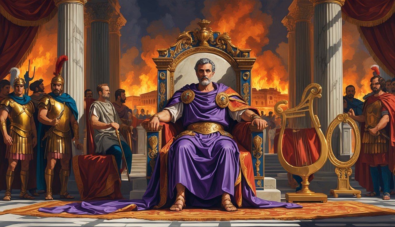 Emperor Nero seated on a throne with the burning city of Rome in the background, surrounded by Roman soldiers and symbols of music and theater.
