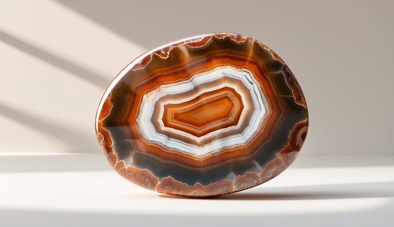 A polished oval banded agate stone showing layered bands in earthy colors with a clean background.