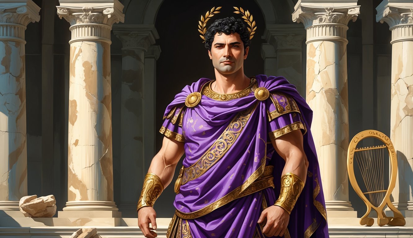A Roman emperor wearing a purple and gold toga stands confidently in front of marble columns and arches, with a lyre nearby and a laurel wreath on his head.