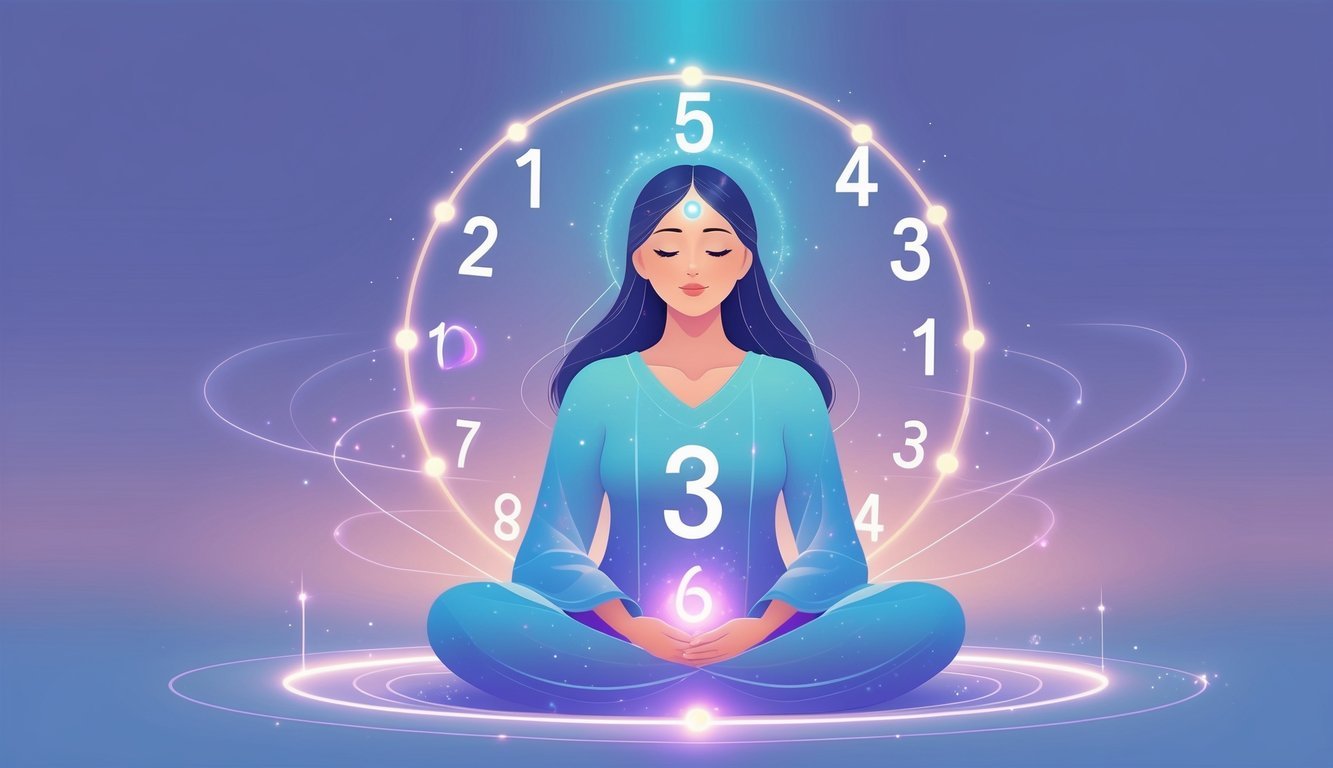 A person sitting cross-legged with closed eyes surrounded by glowing numbers and a soft light above their head.