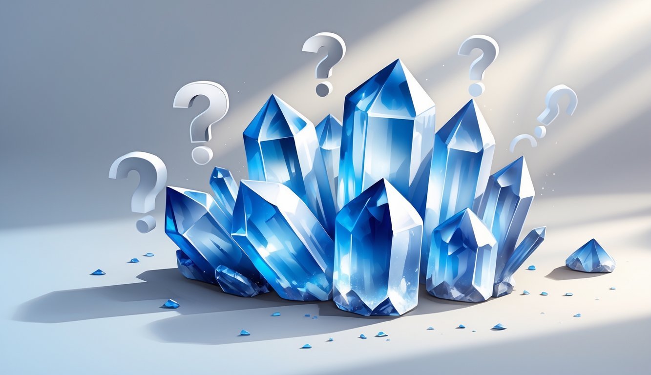 A cluster of blue rose quartz crystals with subtle question mark icons around them on a neutral background.