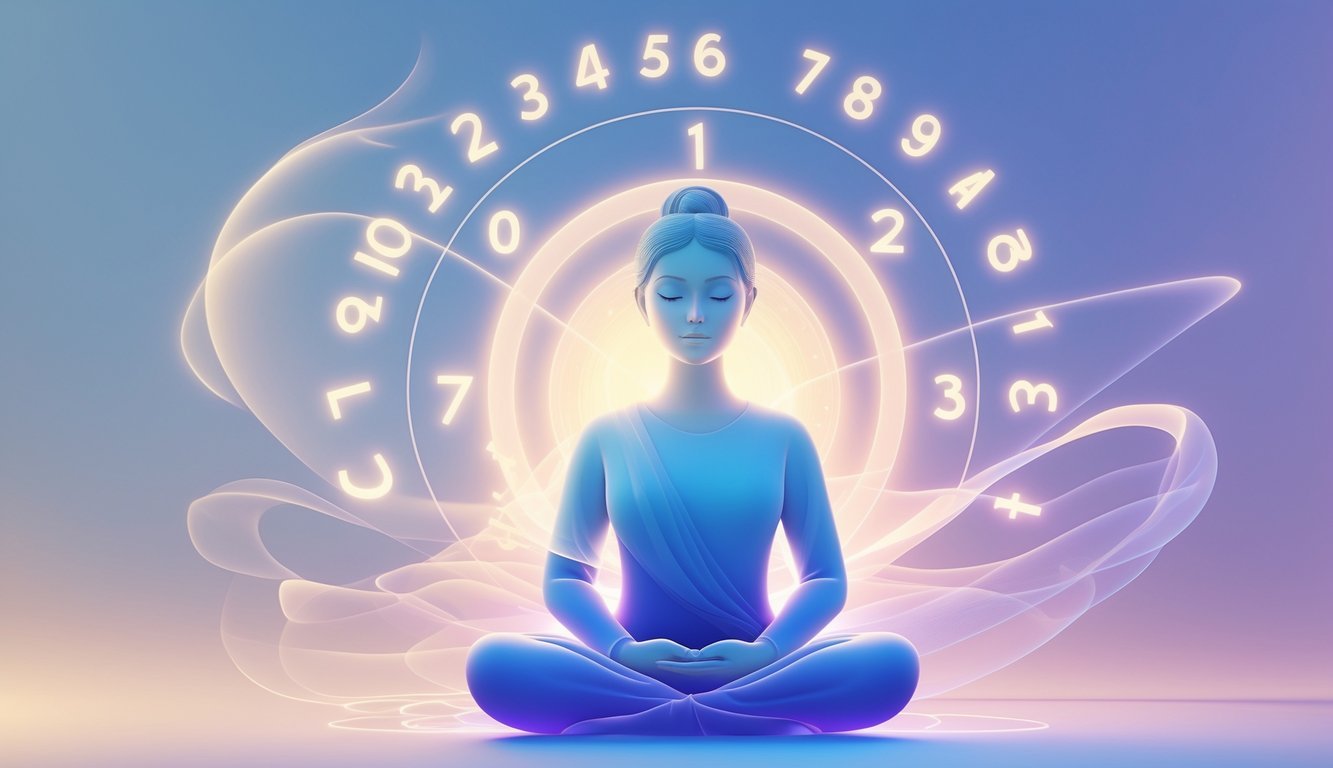 A person sitting cross-legged with eyes closed, surrounded by floating numbers and glowing light representing intuition and life path numbers.