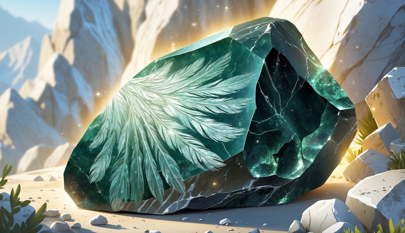 Close-up illustration of a polished green seraphinite stone with silvery feathery patterns, set against a natural rocky background.