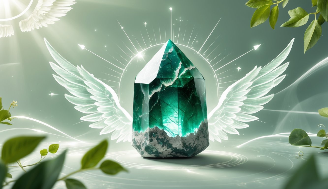 A glowing green seraphinite crystal surrounded by soft light rays, mystical symbols, and natural elements representing healing and spiritual energy.