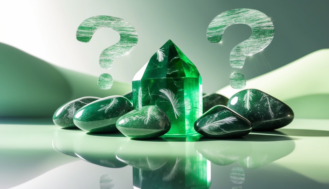 Close-up of polished green seraphinite stones with feather-like patterns on a smooth surface, surrounded by soft glowing question mark shapes.