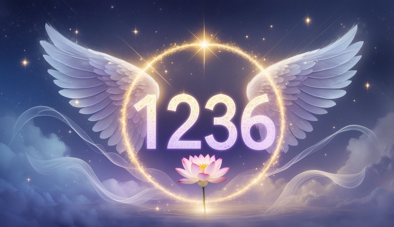Glowing numbers 1236 surrounded by angel wings, a blooming lotus flower, and soft celestial light in a peaceful, mystical setting.