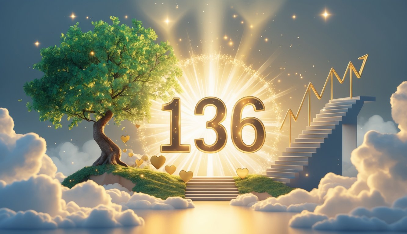 A glowing number 1236 surrounded by symbols of growth, love, and success including a tree, hearts, and ascending arrows, set against a bright, uplifting background.