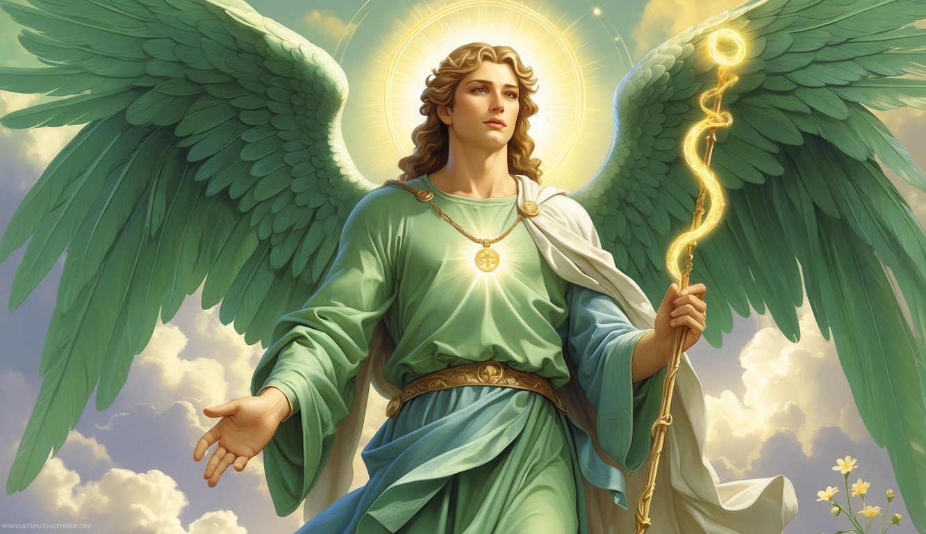 Archangel Raphael with glowing green wings, holding a staff entwined with a serpent, surrounded by soft light and healing symbols.