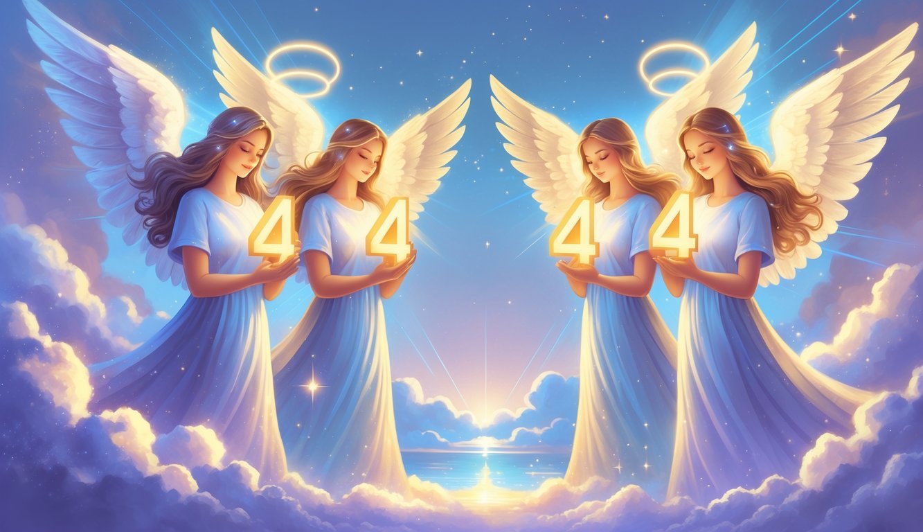 Four glowing angelic figures holding luminous number fours surrounded by clouds and stars in a peaceful celestial scene.