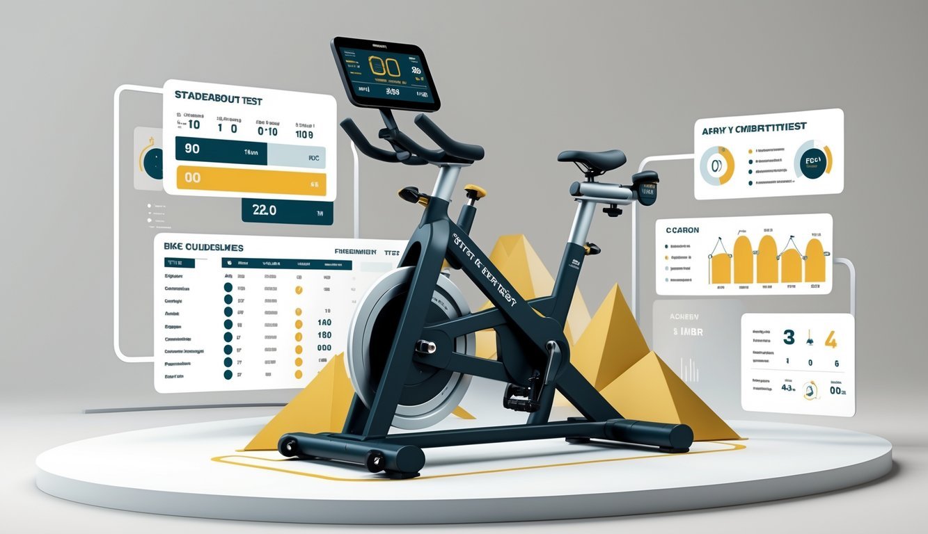 An exercise bike with digital displays showing performance metrics and infographic elements illustrating fitness test standards.