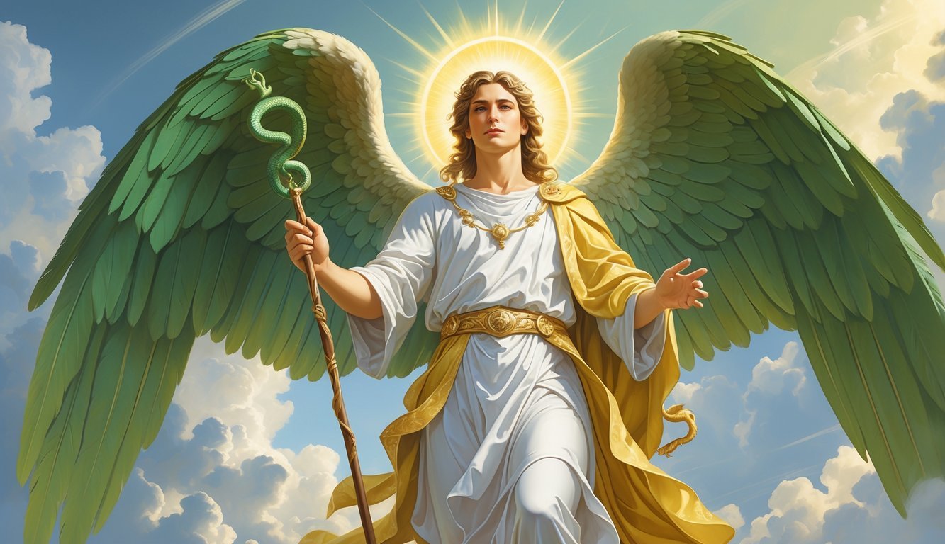 Archangel Raphael with glowing green wings holding a staff, surrounded by soft light and clouds.