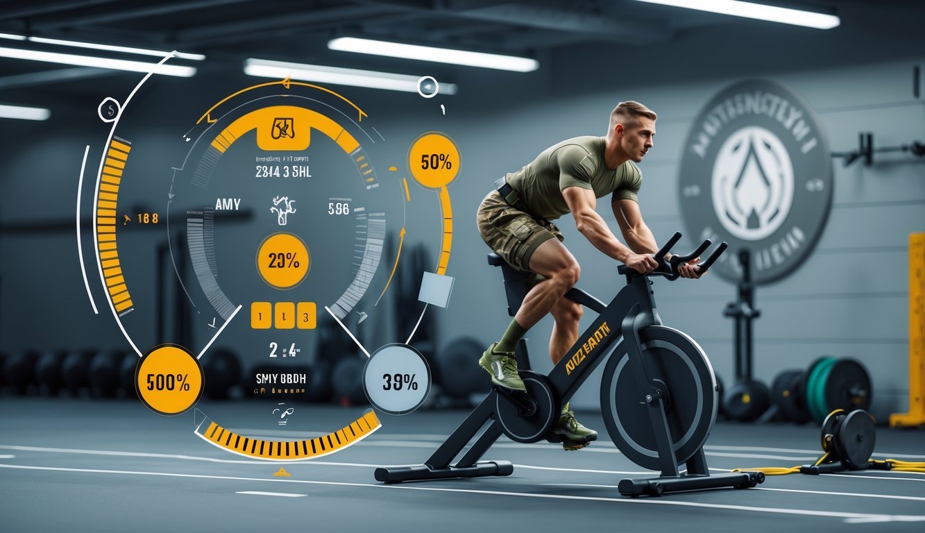 A soldier in military gear riding a stationary exercise bike in a training facility with performance graphs displayed around them.