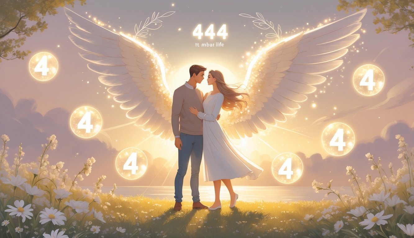 A couple standing together in a peaceful natural setting surrounded by glowing light and four floating orbs, symbolizing angelic guidance and love.