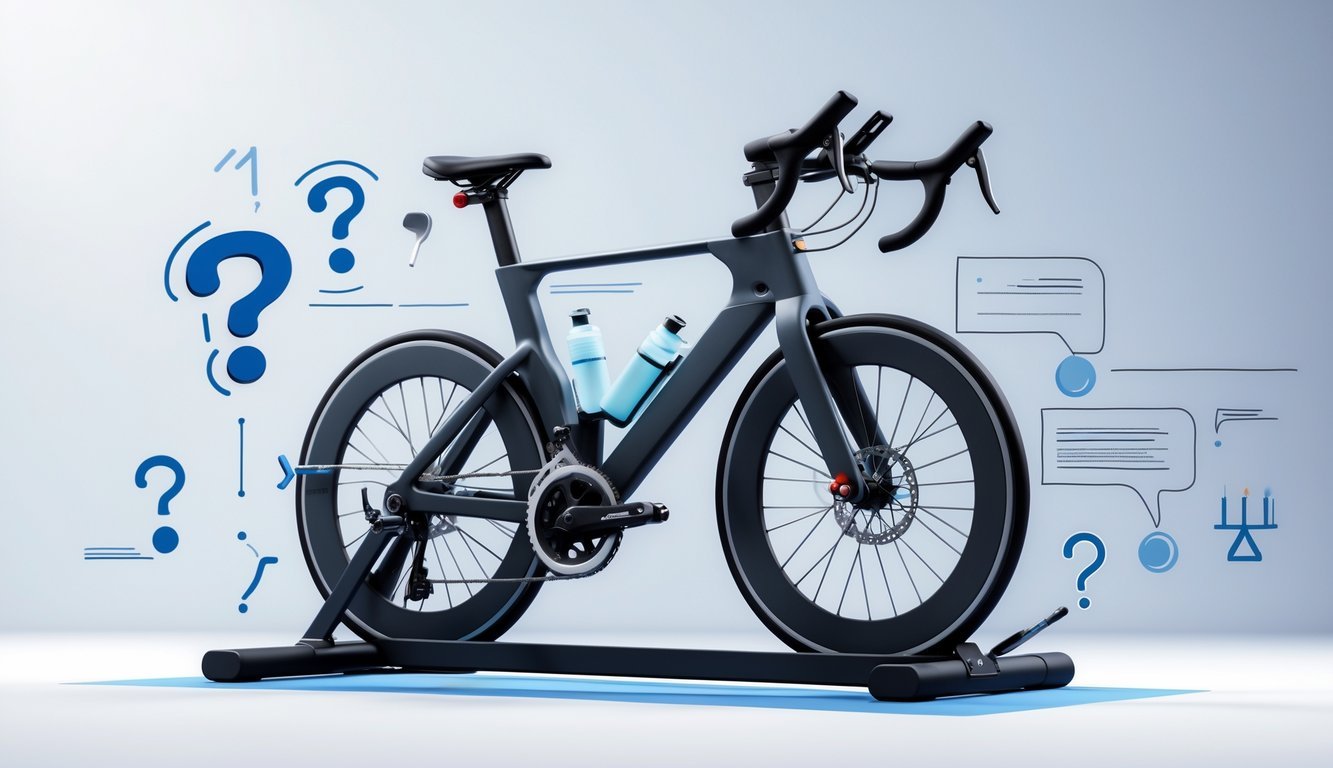 A stationary exercise bike surrounded by icons representing questions, answers, and fitness standards.