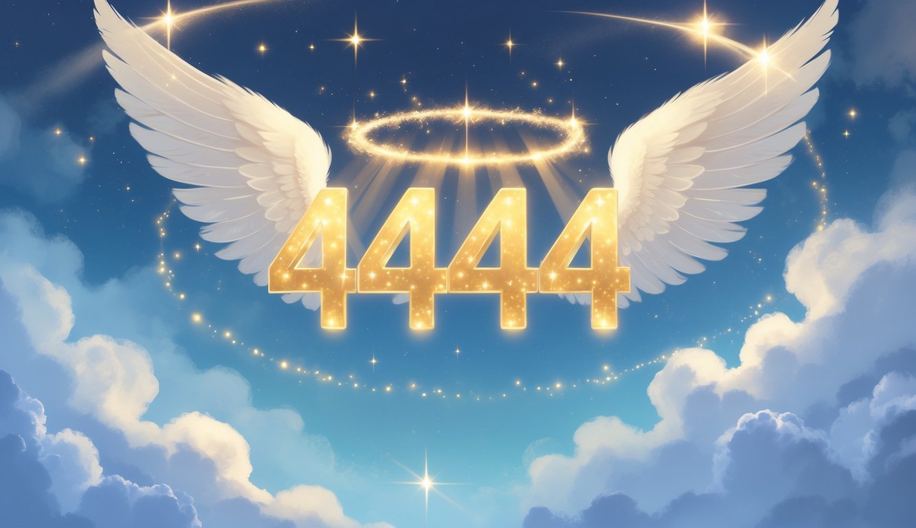 Glowing angel number 4444 with soft angel wings and radiant light beams in a peaceful sky with clouds and stars.