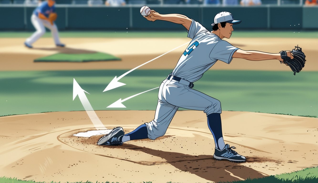 A baseball pitcher throwing a sinker pitch with a downward spinning ball heading toward a batter on the field.