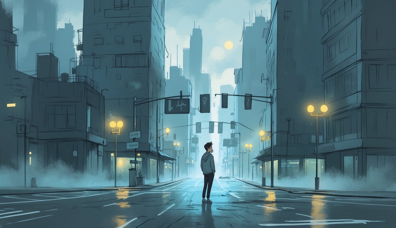 A person standing at a busy city intersection looking confused and thoughtful, surrounded by tall buildings and winding streets.