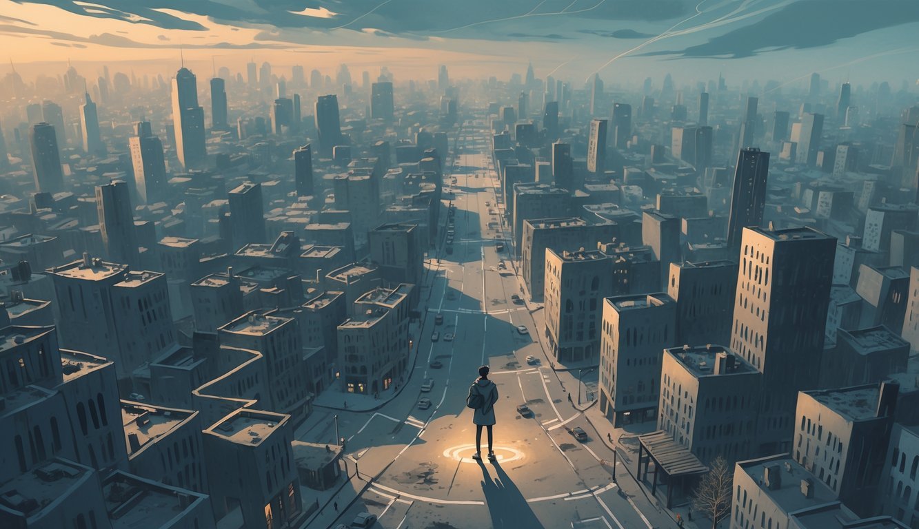 A person standing at a crossroads in a large city with many buildings and winding streets, looking at a map with a thoughtful expression.