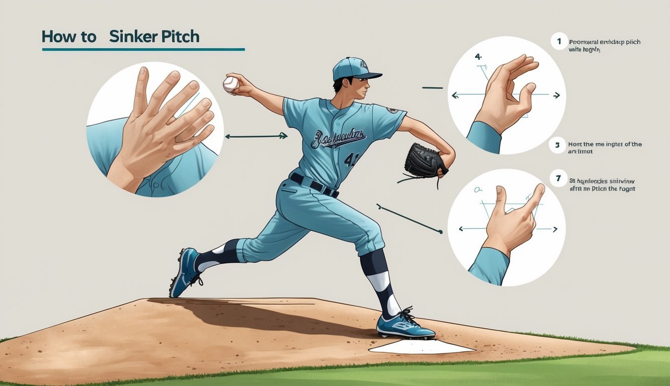 A baseball pitcher demonstrating how to throw a sinker pitch with detailed hand positioning and instructional diagrams around him.