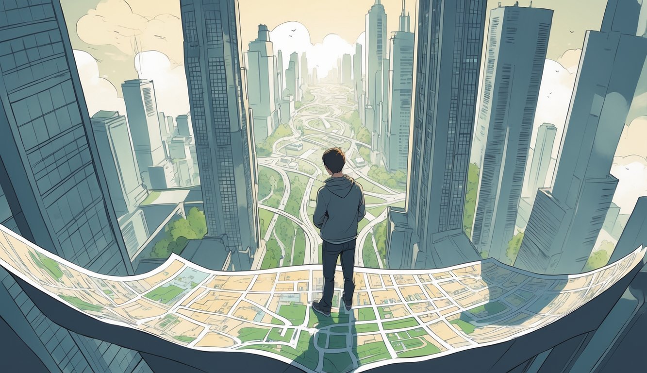 A person stands in the middle of a complex city looking thoughtfully at a large map, surrounded by tall buildings and winding streets.
