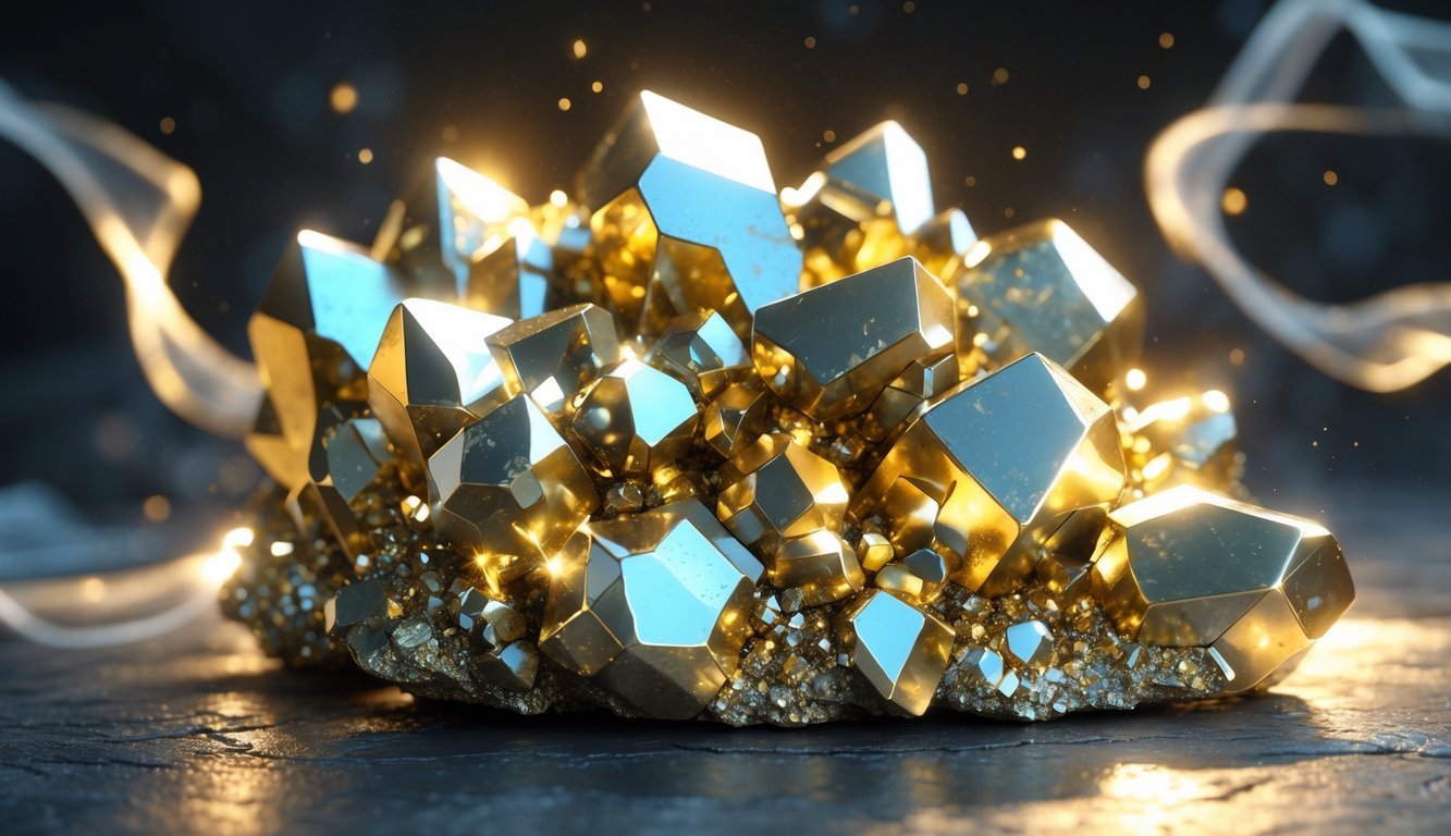 A close-up view of shiny golden pyrite crystals glowing softly against a dark background with faint glowing wisps around them.