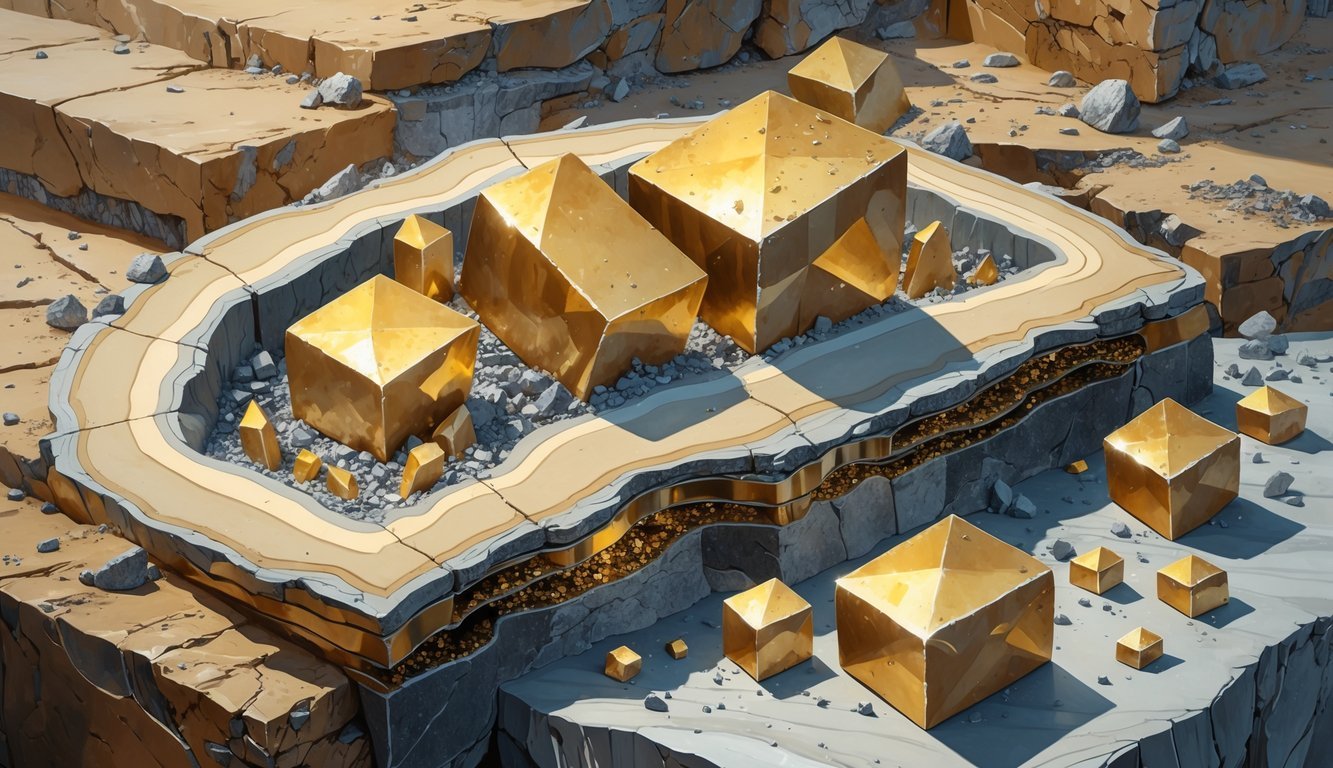 Cross-sectional view of Earth layers showing metallic gold-colored pyrite crystals embedded in rock with surrounding mineral veins.