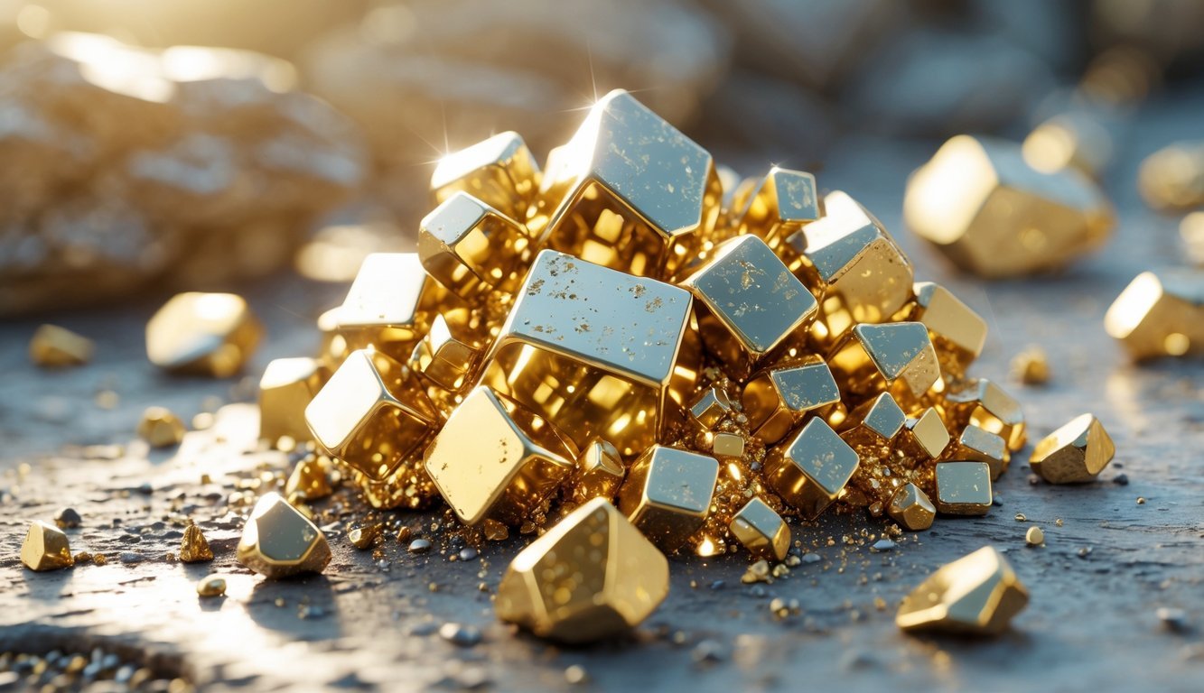 Close-up view of shiny golden pyrite crystals on a rocky surface with blurred gold nuggets in the background.