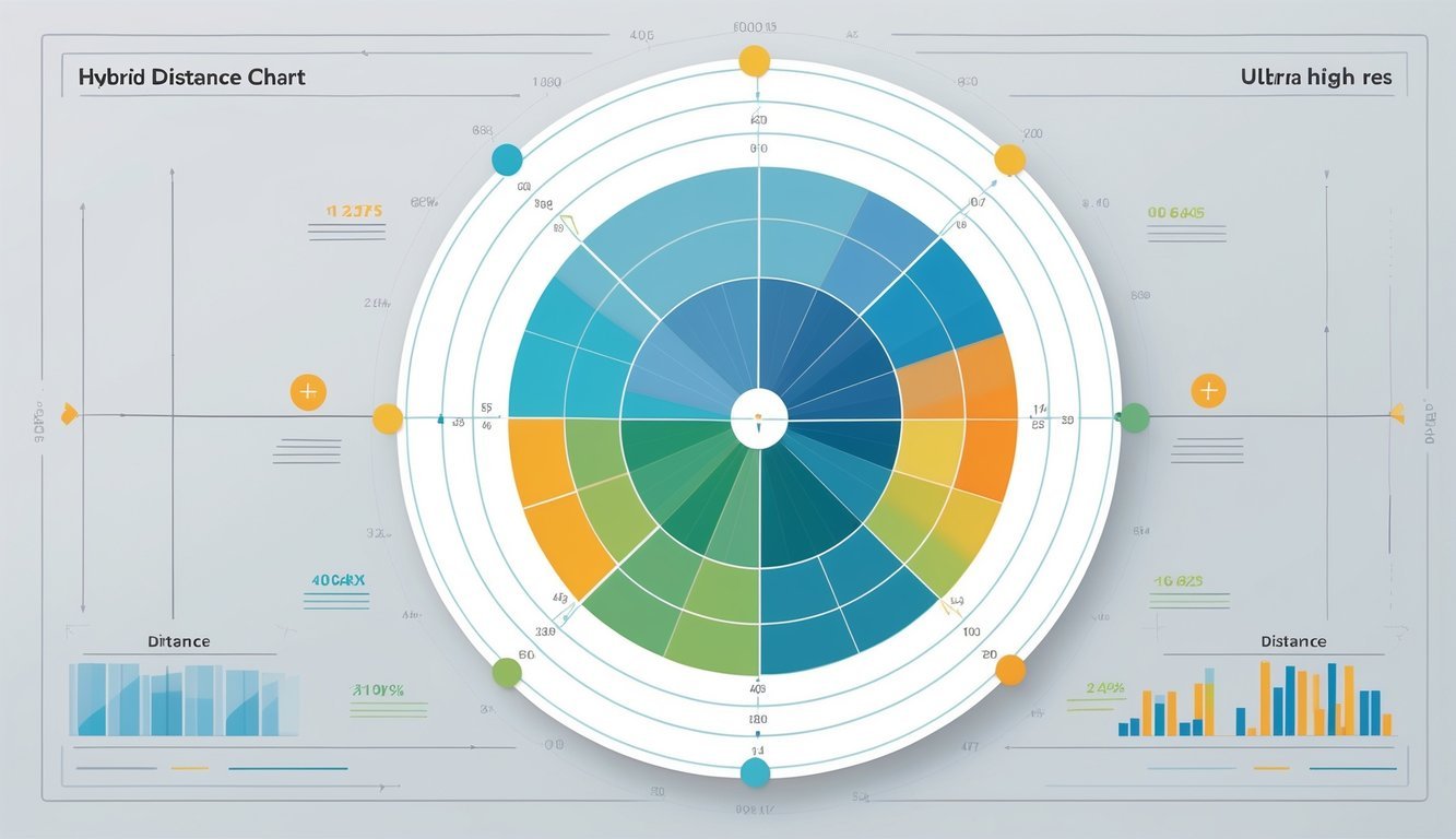 A circular chart combining radar and bar graph elements with color-coded segments and icons representing different data types connected by lines.