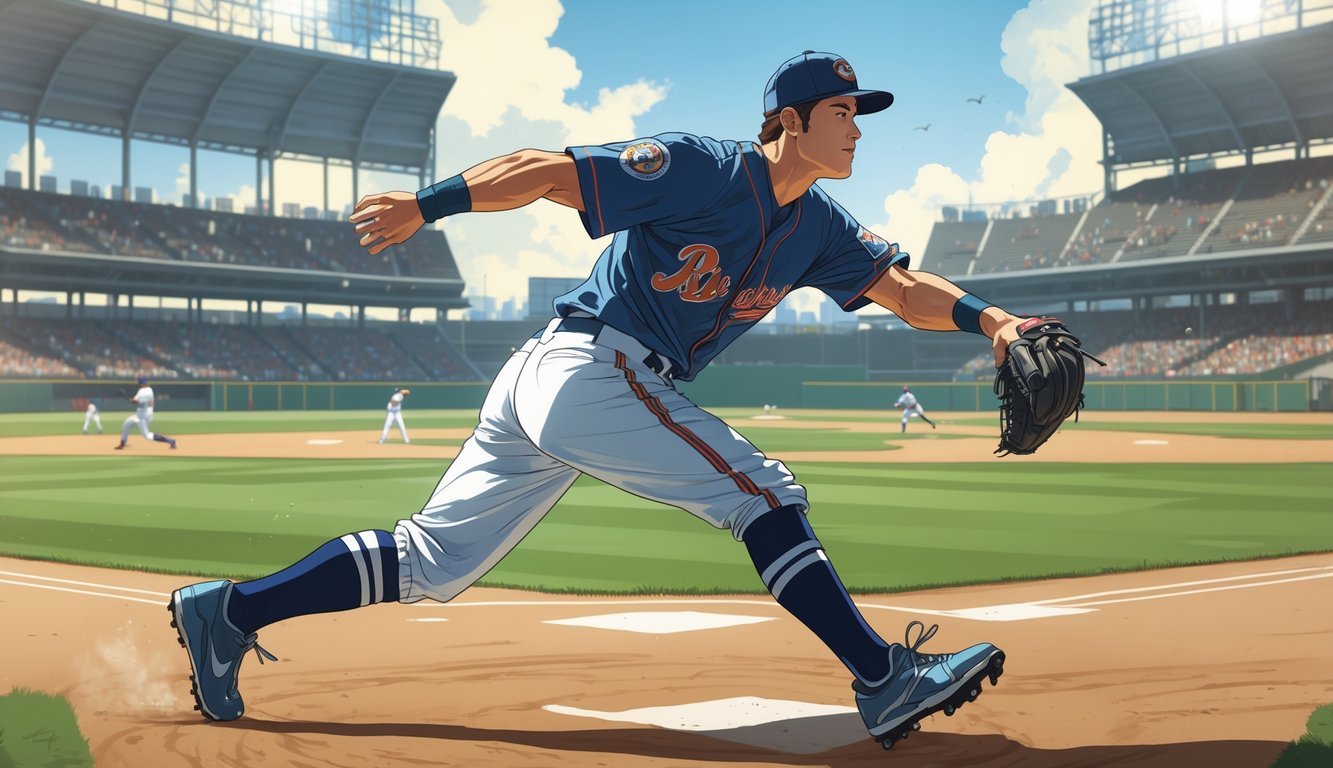 A baseball player in the right field area preparing to catch or throw a ball during a game.