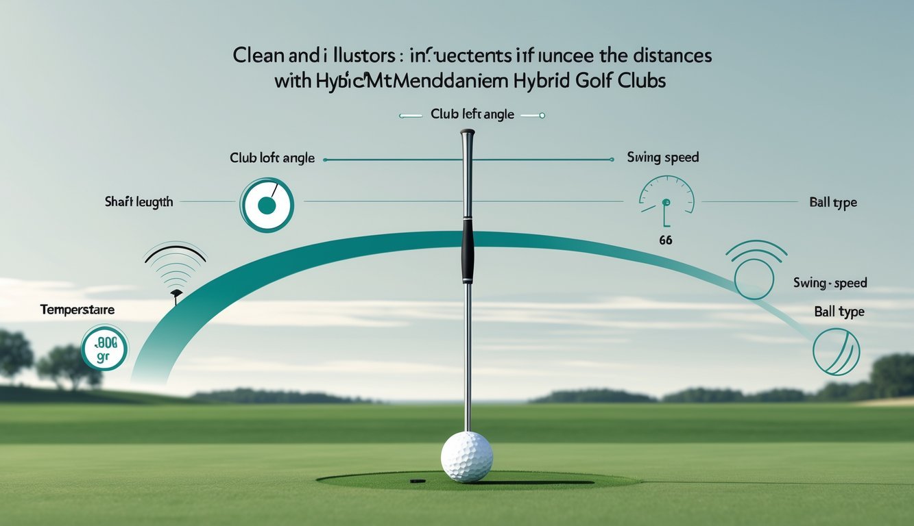 An illustration showing a hybrid golf club with icons representing factors like loft angle, shaft length, swing speed, ball type, wind, and temperature around it.