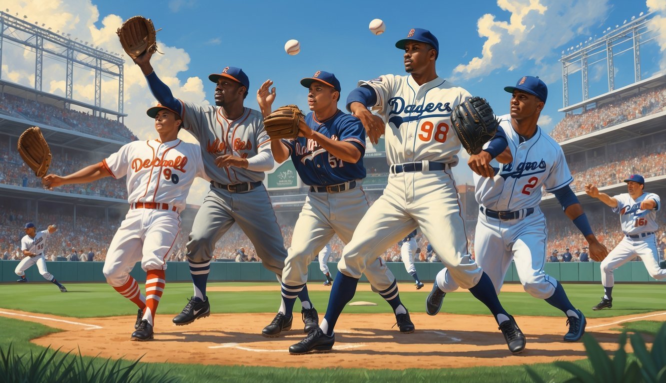 A group of baseball players positioned in right field, actively catching and throwing balls in a stadium filled with fans.