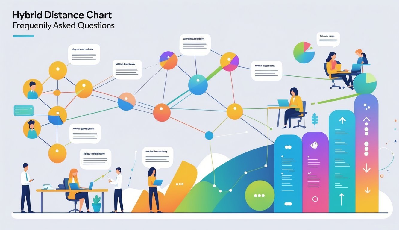 A clean chart showing interconnected nodes representing frequently asked questions with icons of people in an office and others using laptops, illustrating a hybrid distance concept.