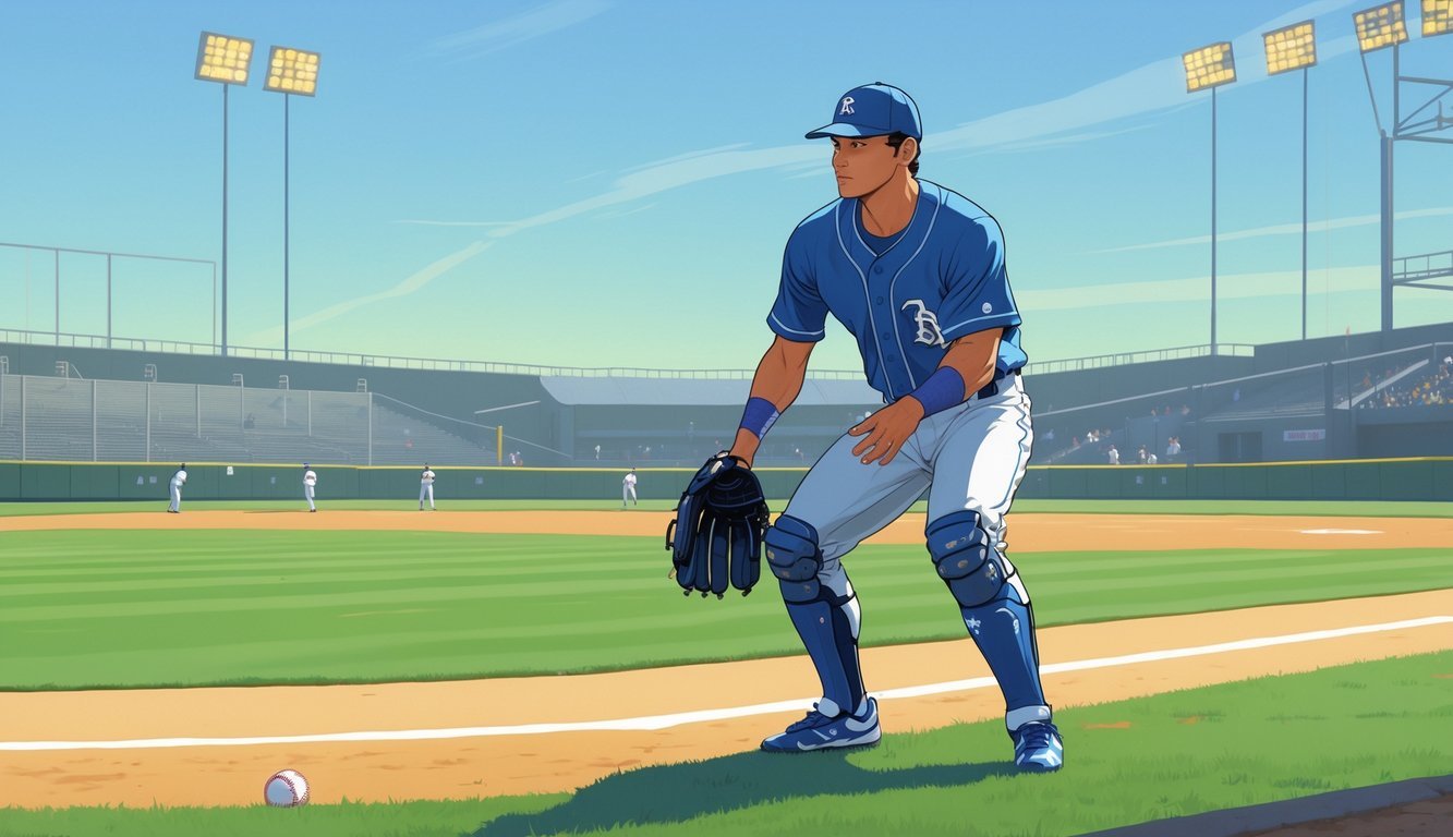 A baseball right fielder in uniform standing ready in the outfield of a stadium.