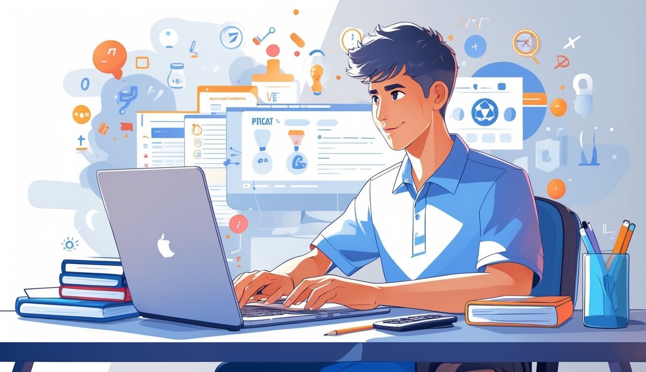 A young man sitting at a desk taking a computer-based test on a laptop with study materials nearby and abstract educational icons in the background.