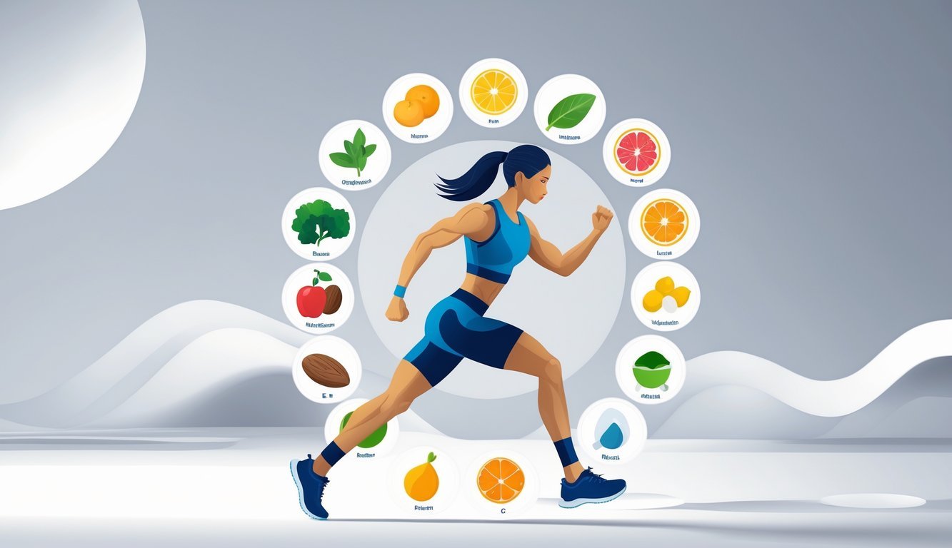 An athletic person in motion surrounded by colorful icons representing key vitamins and minerals important for exercise and fitness.