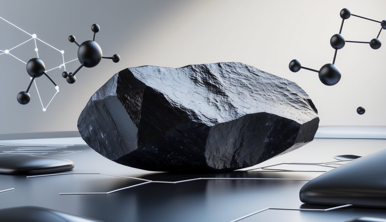 A polished black shungite stone displayed on a reflective surface with faint scientific molecular patterns in the background.