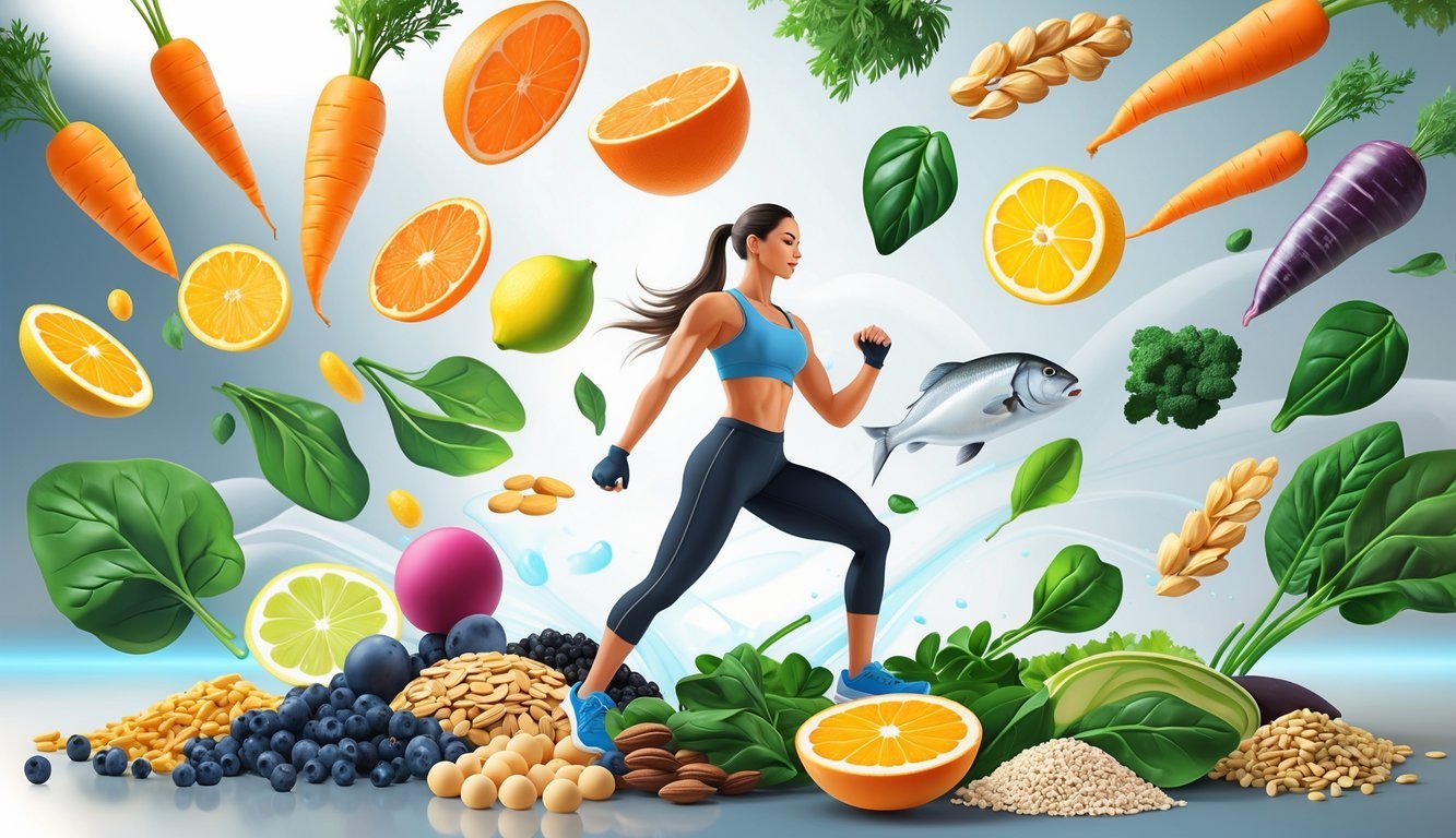 An athletic person surrounded by various colorful fruits, vegetables, nuts, fish, and grains representing important vitamins and minerals for fitness performance.