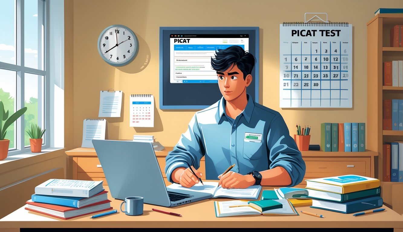 A young adult male student sitting at a desk with a laptop and study materials, preparing for a test in a well-lit room.