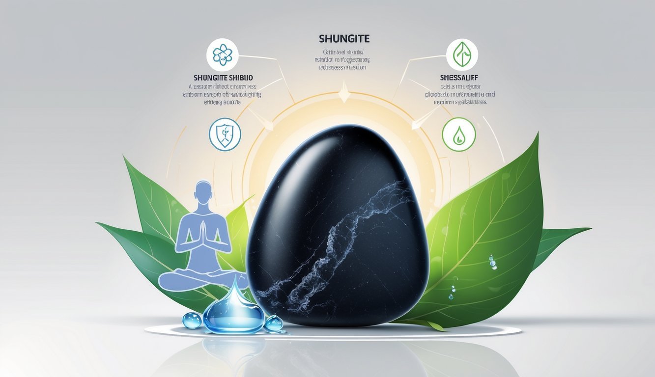A polished black shungite stone surrounded by symbols representing protection, meditation, water purification, and natural healing.