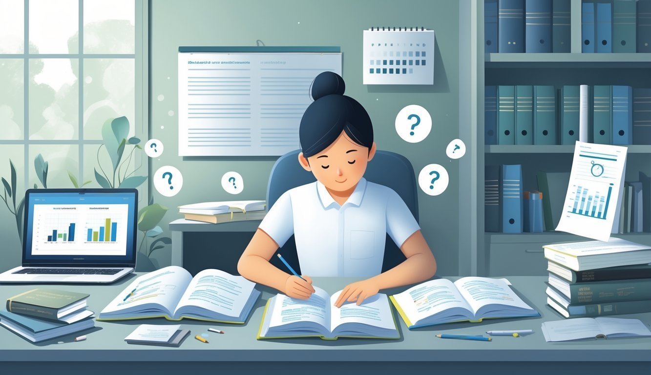 A person studying at a desk with books, notebooks, and a laptop, surrounded by icons representing questions and answers.