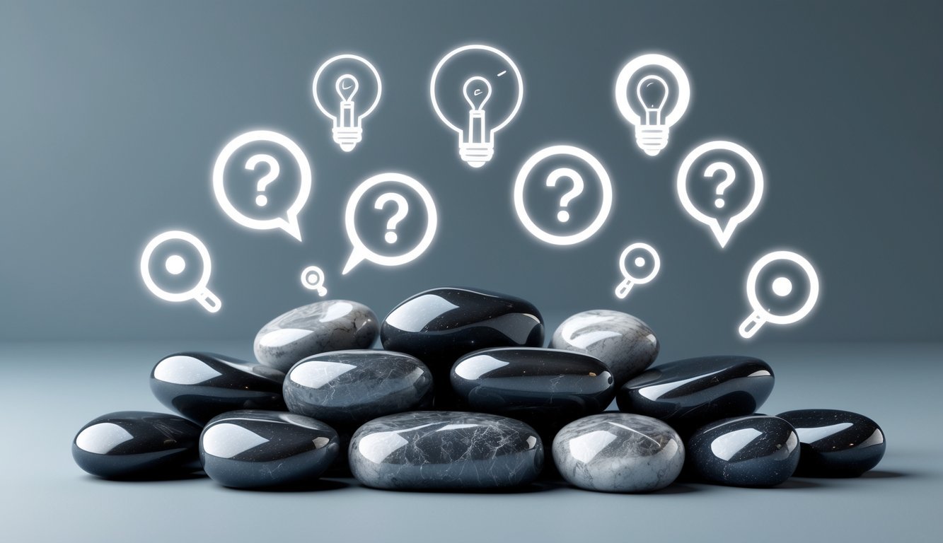 A neat arrangement of polished shungite stones surrounded by icons representing questions and ideas on a calm, neutral background.
