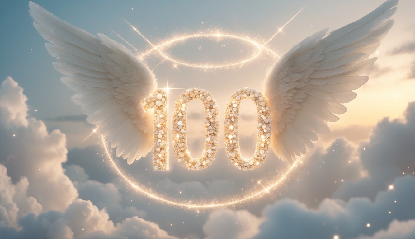 A glowing number 1000 surrounded by angel wings and soft light in a peaceful sky with clouds and gentle sunlight.