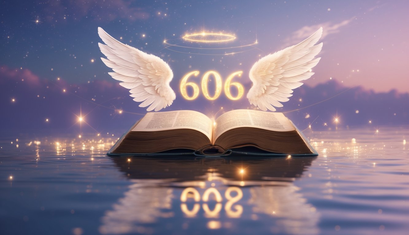 A glowing number 606 with angel wings floating above an open book over calm reflective water under a twilight sky with stars.