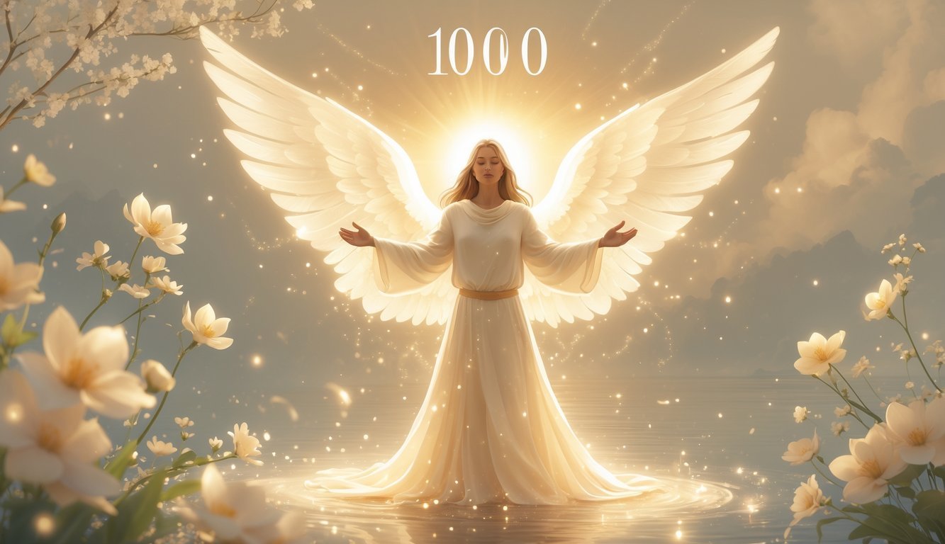 A glowing figure with angelic wings stands with open arms surrounded by flowers, a rising sun, and flowing water, symbolizing hope, love, and personal growth.