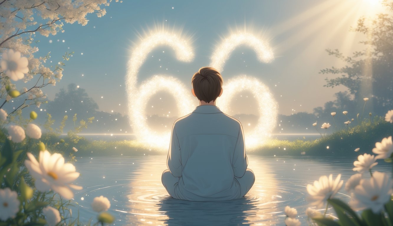 A person peacefully reflecting surrounded by glowing lights and natural elements like flowers and water, with a soft radiant aura in the background.