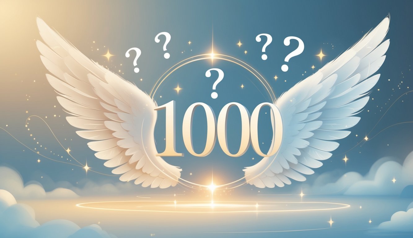 A glowing number 1000 surrounded by angel wings with soft light, stars, and question marks floating around it.