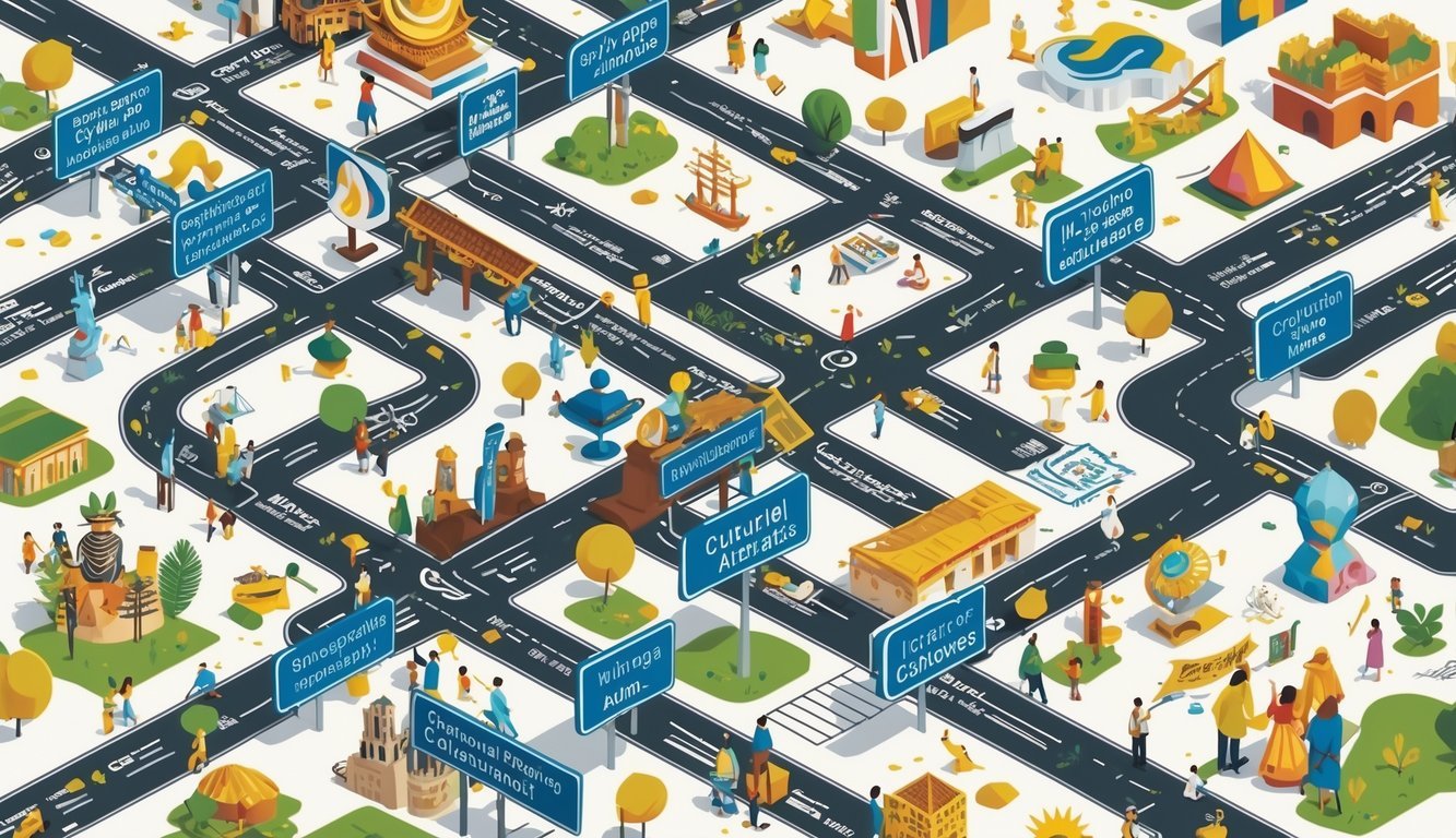 A cityscape showing streets named after cultural symbols and historical figures, with diverse people and cultural landmarks around the streets.
